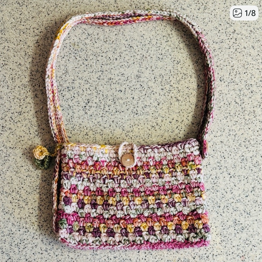 Vtg.OOAK Handmade Crochet-pink purple yellow green variegated yarn bag.Like new